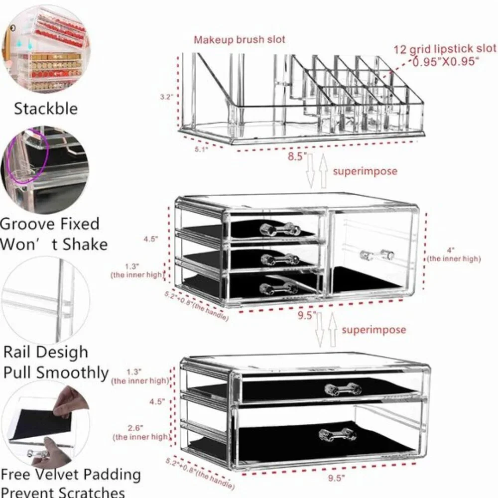 New 3-Pack Clear Makeup Organizer, Stackable 6-Drawer Vanity & Skincare Storage